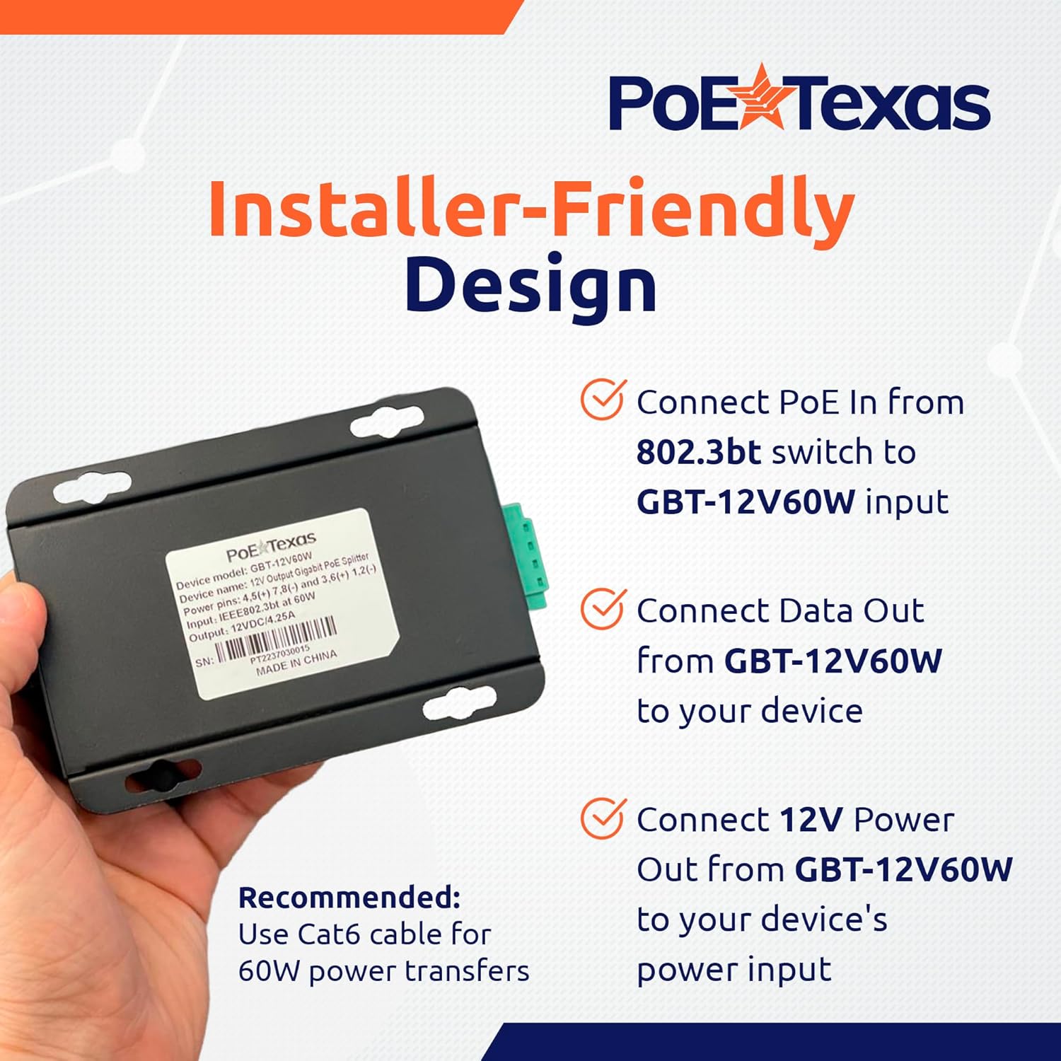 PoE Texas Splitter 802.3bt PoE++ to 12V Splitter with 60W Output