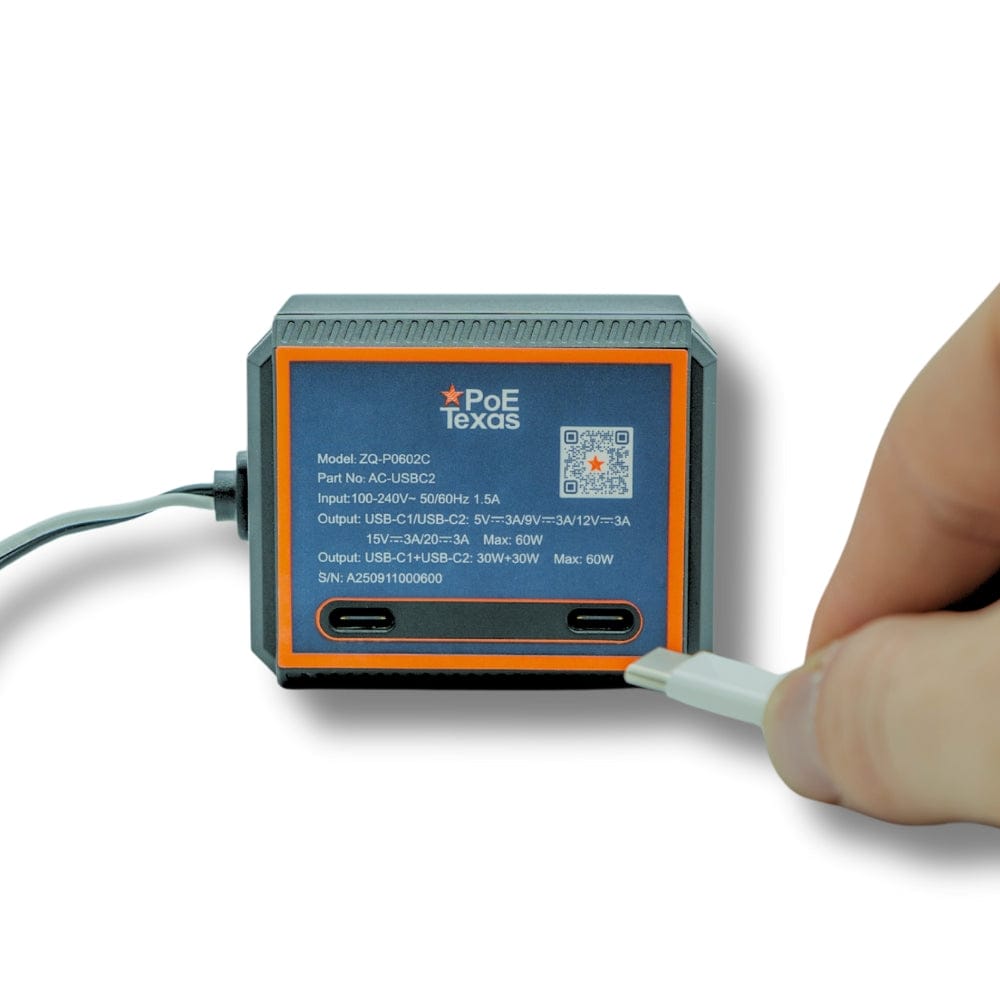 POE Texas Splitter AC to USBC adapter with two USB-C ports for USB-C Devices 5-20V with max output 30W