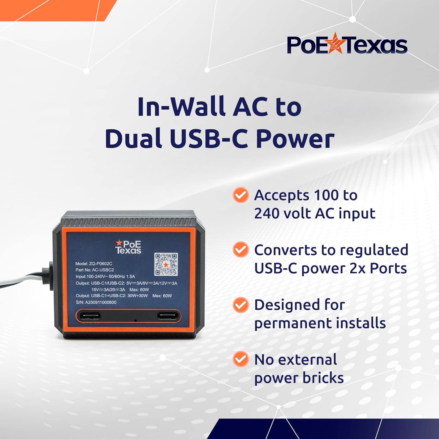 POE Texas Splitter AC to USBC adapter with two USB-C ports for USB-C Devices 5-20V with max output 30W
