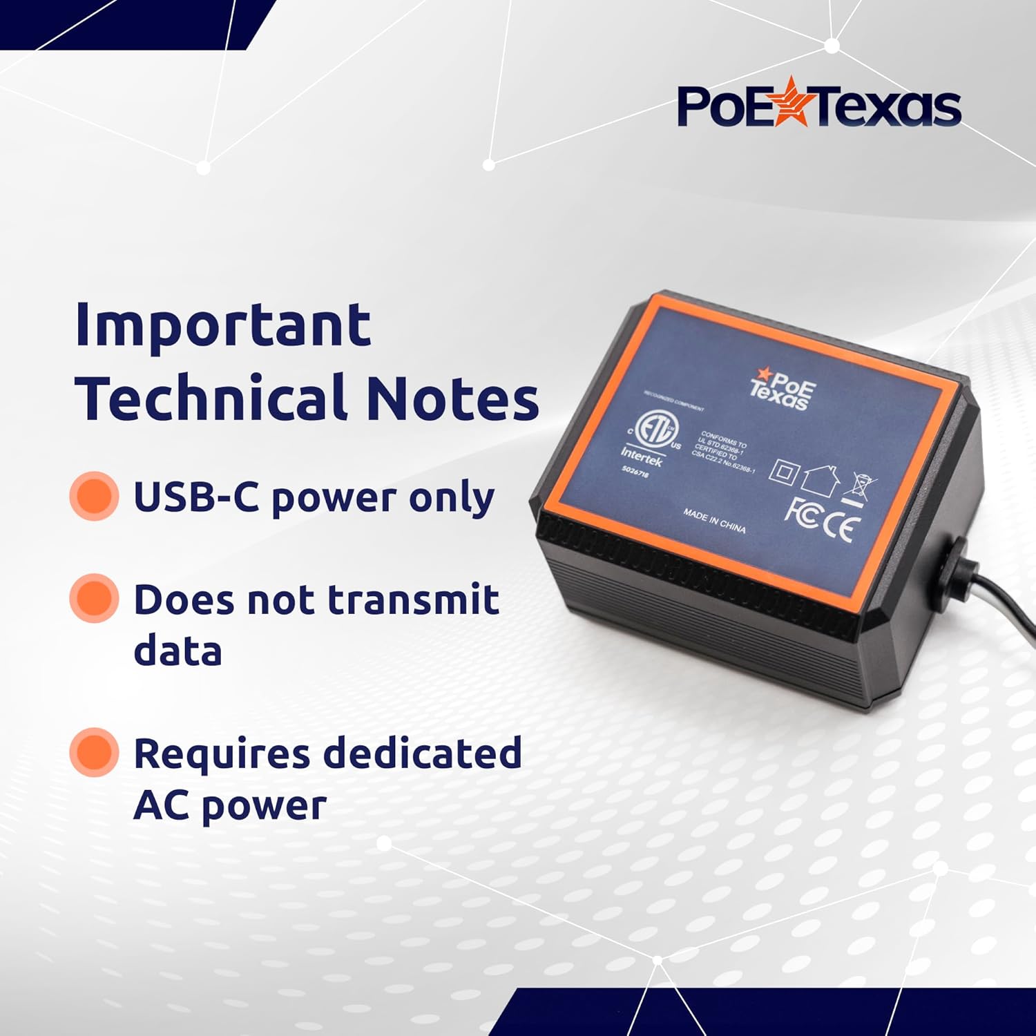 POE Texas Splitter AC to USBC adapter with two USB-C ports for USB-C Devices 5-20V with max output 30W