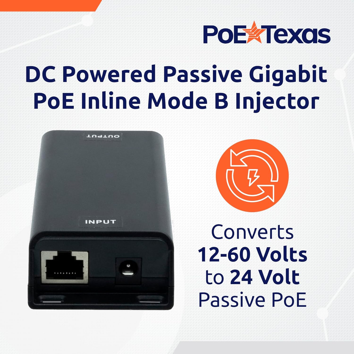 POE Texas Splitter DC Powered Passive Gigabit PoE Inline Mode B Injector that Converts 12-60V Volts to 24 Volt Passive PoE