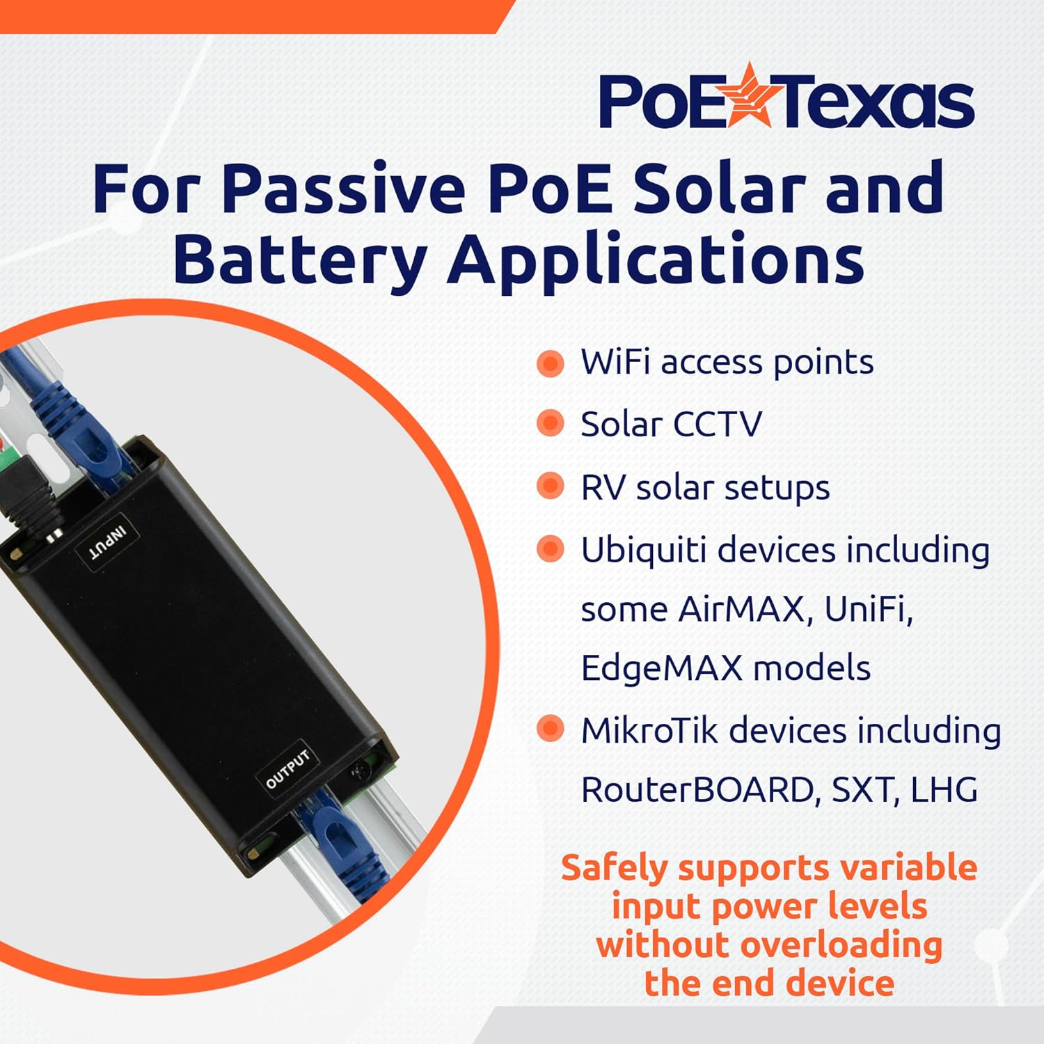 POE Texas Splitter DC Powered Passive Gigabit PoE Inline Mode B Injector that Converts 12-60V Volts to 24 Volt Passive PoE