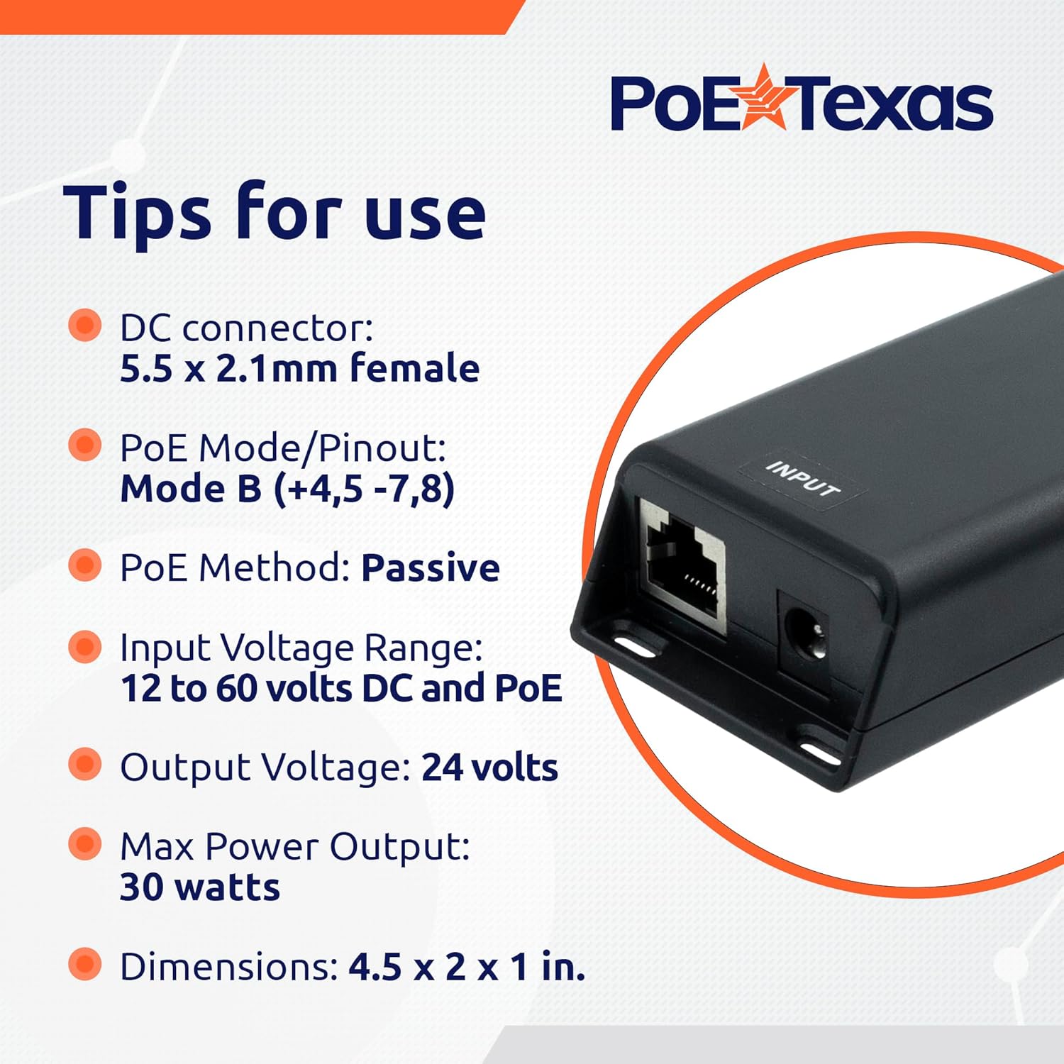 POE Texas Splitter DC Powered Passive Gigabit PoE Inline Mode B Injector that Converts 12-60V Volts to 24 Volt Passive PoE