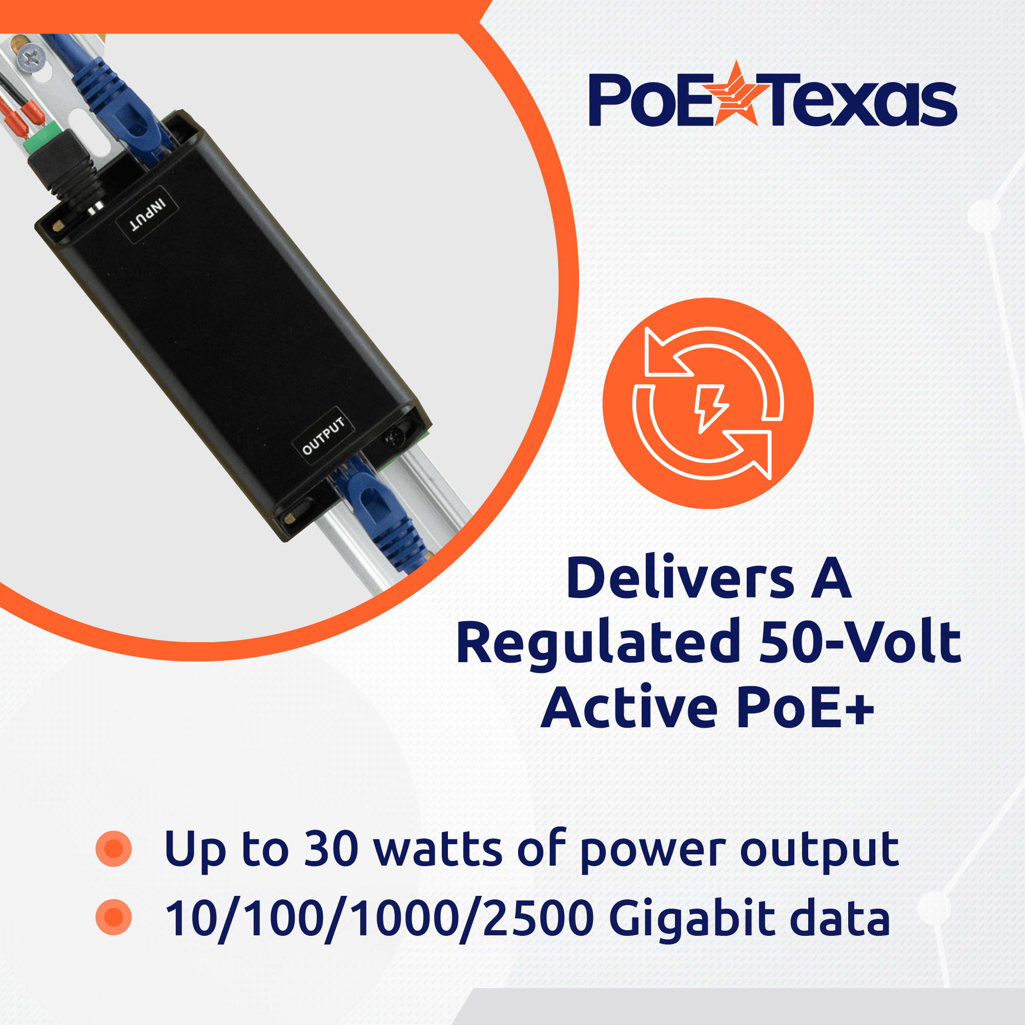 POE Texas Splitter DC Powered PoE+ 2.5 Gigabit Inline Injector that Converts 12-60V Volts to 50 Volt IEEE 802.3at PoE+