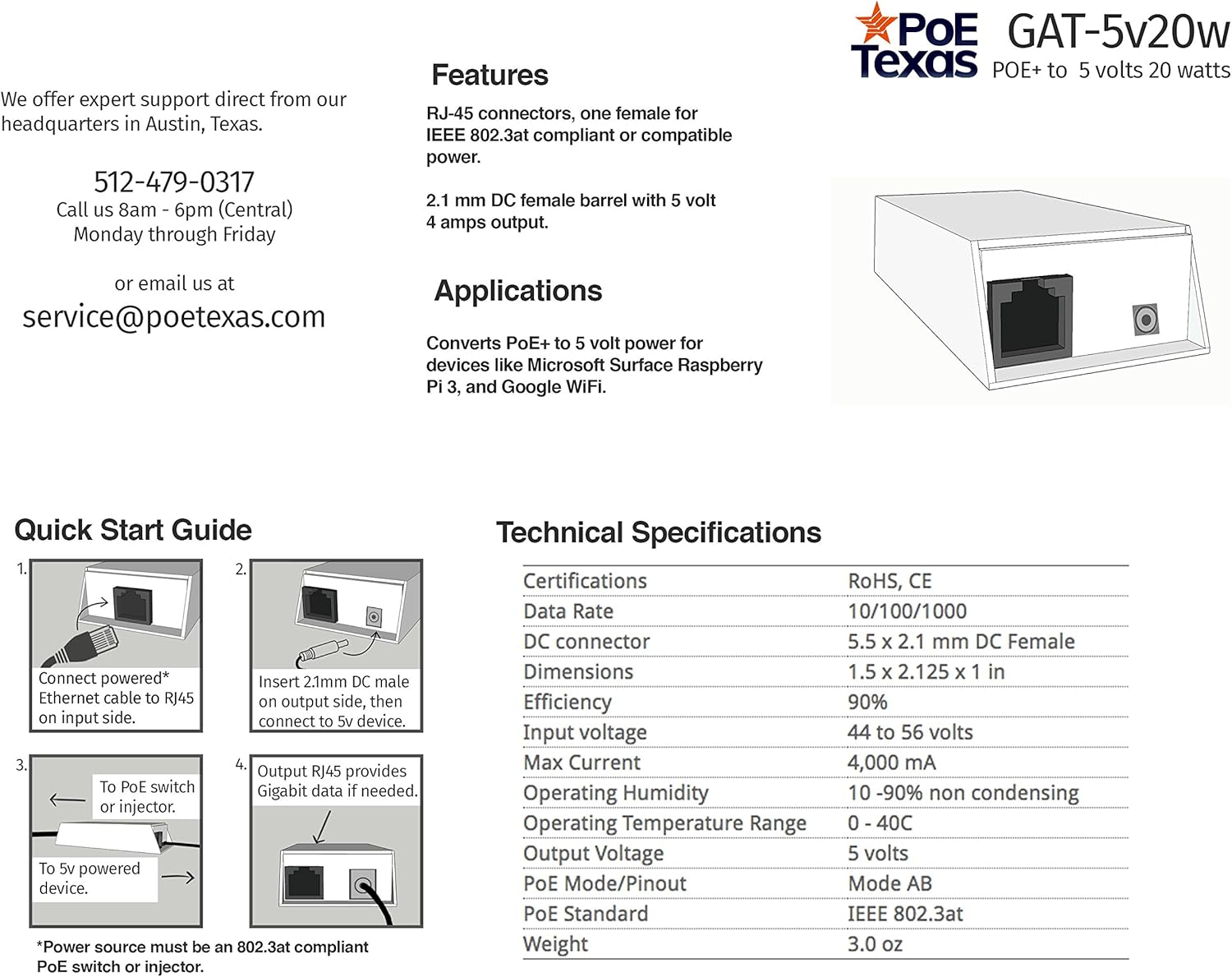 POE Texas Splitter Gigabit Inline PoE (802.3af) Splitter/Converter for 5 Volt 20 Watt Devices