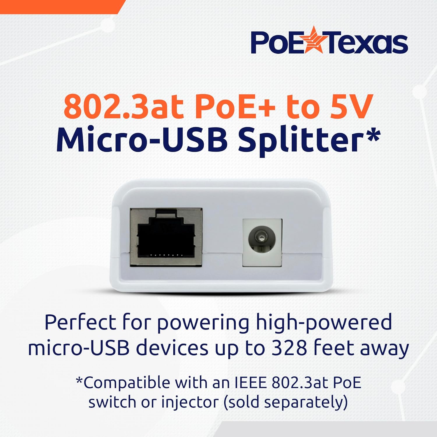 POE Texas Splitter Gigabit Inline PoE (802.3at) Splitter/Converter for 5 Volt 20 Watt Devices with Right and Left Angle MicroUSB Cables