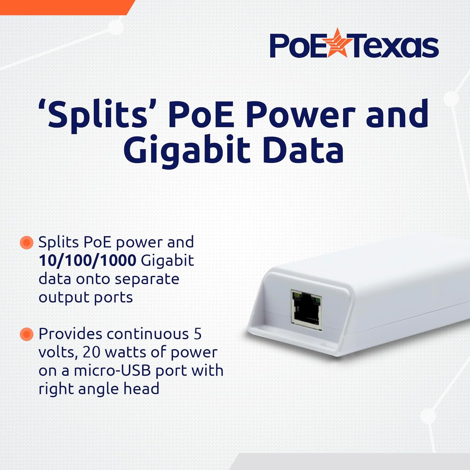 POE Texas Splitter Gigabit Inline PoE (802.3at) Splitter/Converter for 5 Volt 20 Watt Devices with Right and Left Angle MicroUSB Cables