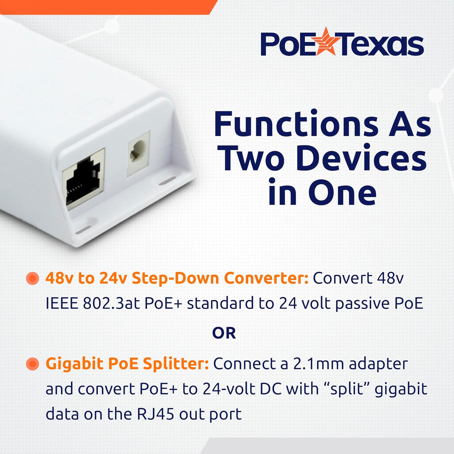 POE Texas Splitter Gigabit Inline PoE Splitter/Converter with 24 Volt 25 Watt PoE or DC Output