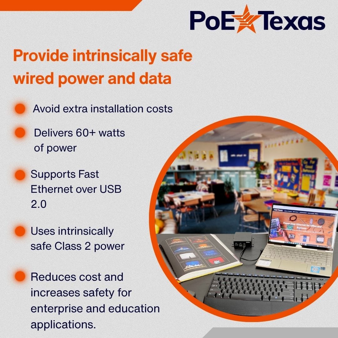 POE Texas Splitter IEEE 802.3bt Powered USB-C Dock for Enterprise and Education