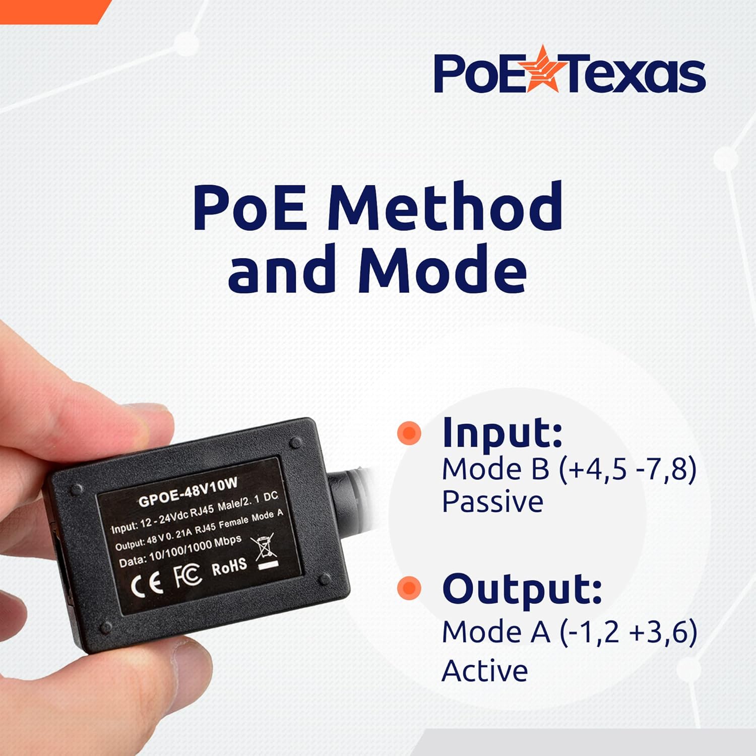 POE Texas Splitter Inline Gigabit Mode B Step Up Splitter that Converts 12-30 Volts to 48 Volts PoE