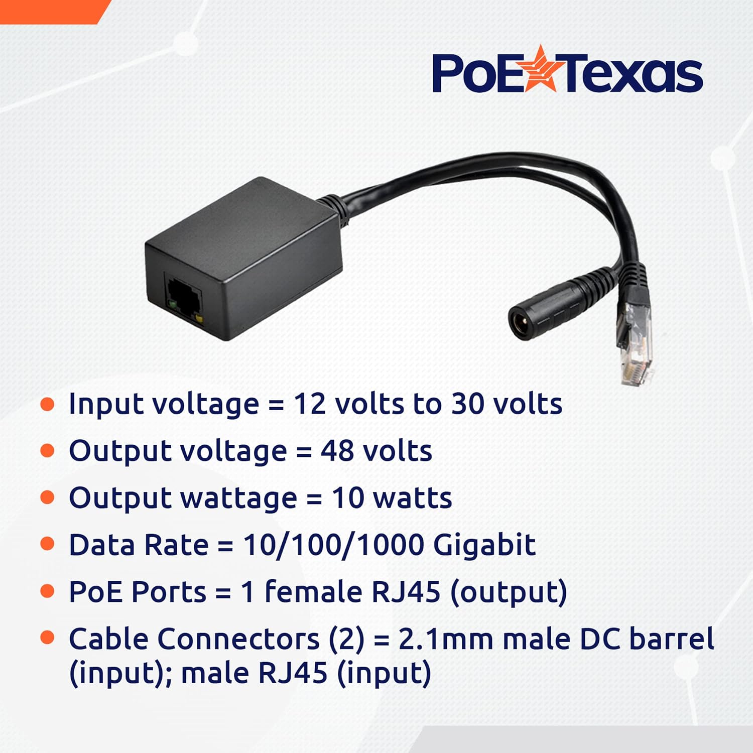 POE Texas Splitter Inline Gigabit Mode B Step Up Splitter that Converts 12-30 Volts to 48 Volts PoE
