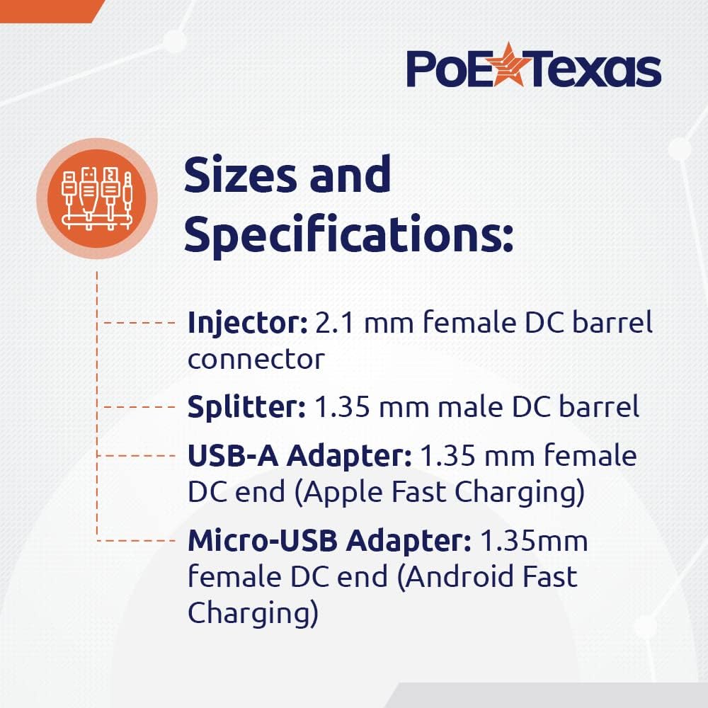PoE Texas Splitter Inline Mode B PoE Splitter Kit with 5 Volt 10 Watt Output and Divided 10/100 Data Capability on USB Adapter