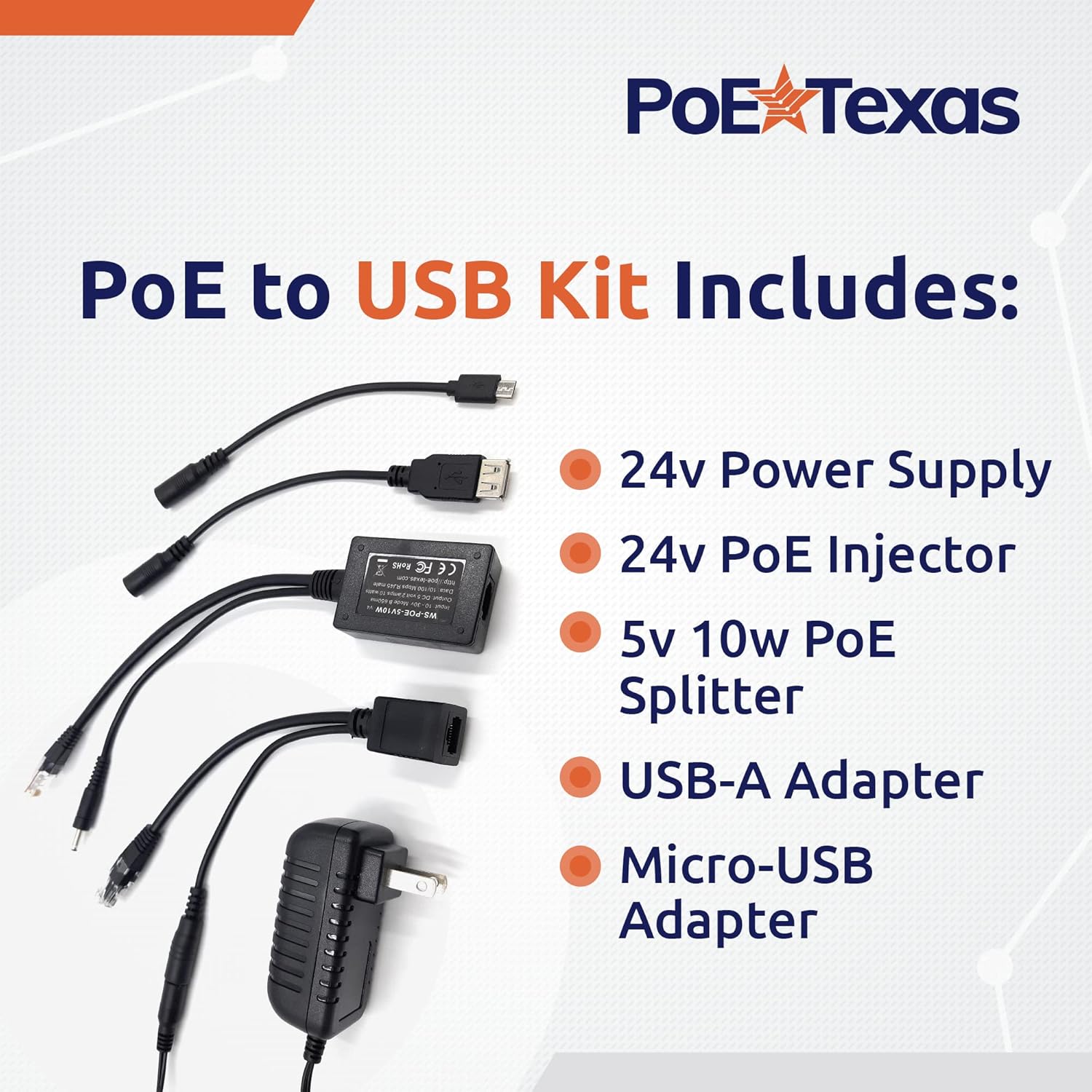 PoE Texas Splitter Inline Mode B PoE Splitter Kit with 5 Volt 10 Watt Output and Divided 10/100 Data Capability on USB Adapter