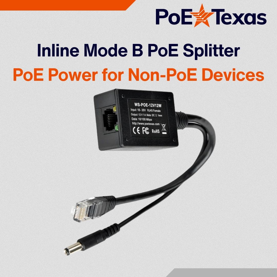 PoE Texas Splitter Inline Mode B PoE Splitter with 12 Volt 12 Watt Output and Divided 10/100 Data Capability