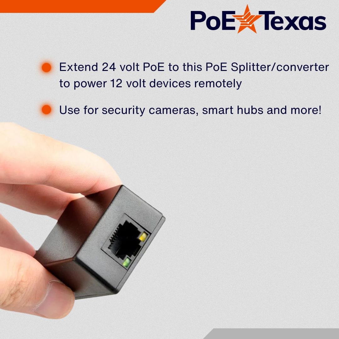 PoE Texas Splitter Inline Mode B PoE Splitter with 12 Volt 12 Watt Output and Divided 10/100 Data Capability