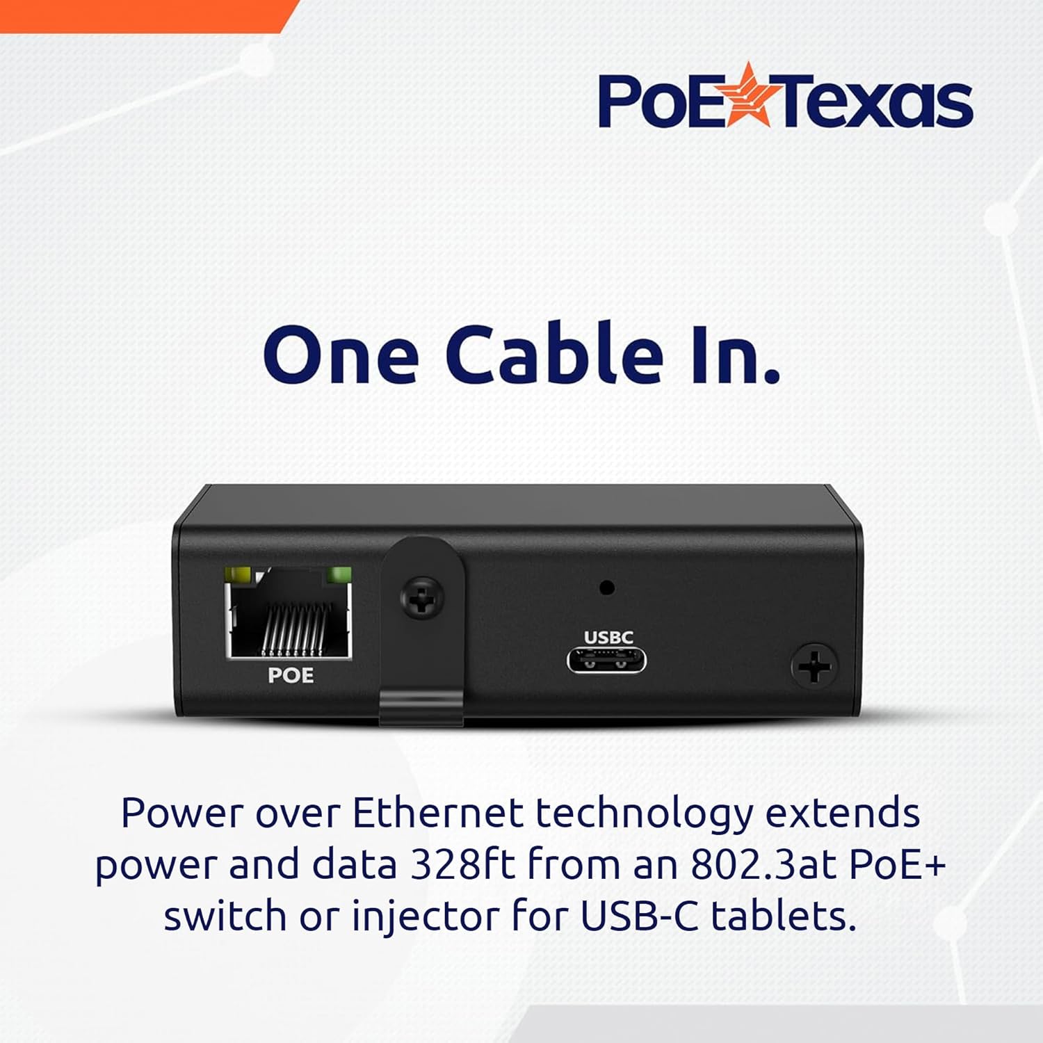 POE Texas Splitter Patented Gigabit PoE+ (802.3at) to USB-C Power + Data Delivery with 25 Watt Output - USB-C compatible w/ iPad Pro 12.9", Surface Go, Galaxy Tab