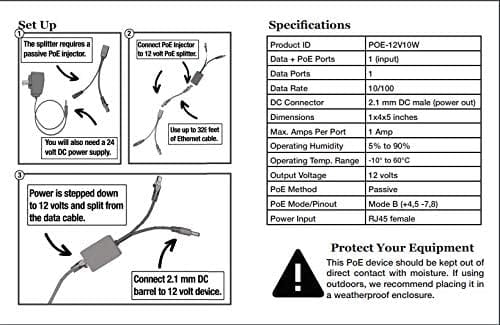 PoE Texas Splitter Plug and Play Inline Mode B PoE Splitter Kit with 12 Volt 12 Watt Output and Divided 10/100 Data Capability