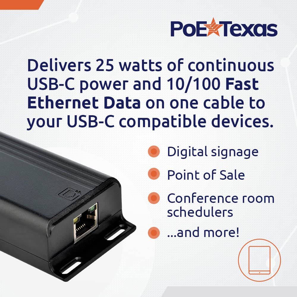 POE Texas Splitter PoE+ (802.3at) to USB-C Power + Data Delivery with 25 Watt Output - USB-C compatible w/ iPad Pro 12.9", Surface Go, Galaxy Tab