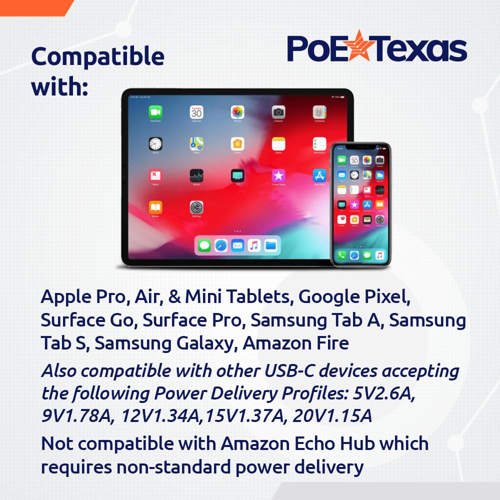 POE Texas Splitter PoE+ (802.3at) to USB-C Power + Data Delivery with 25 Watt Output - USB-C compatible w/ iPad Pro 12.9", Surface Go, Galaxy Tab