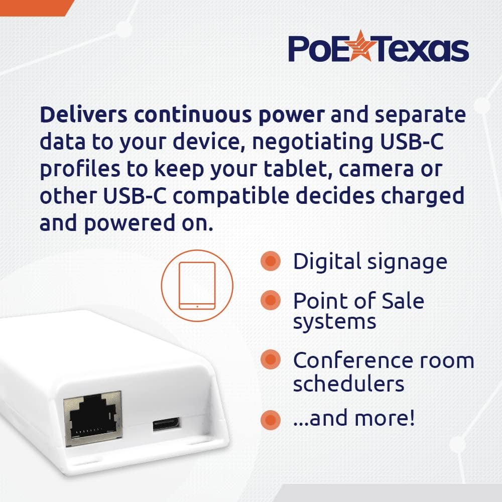 POE Texas Splitter PoE+ (802.3at) to USB-C Splitter - Power Only Delivery with Separate Gigabit Data