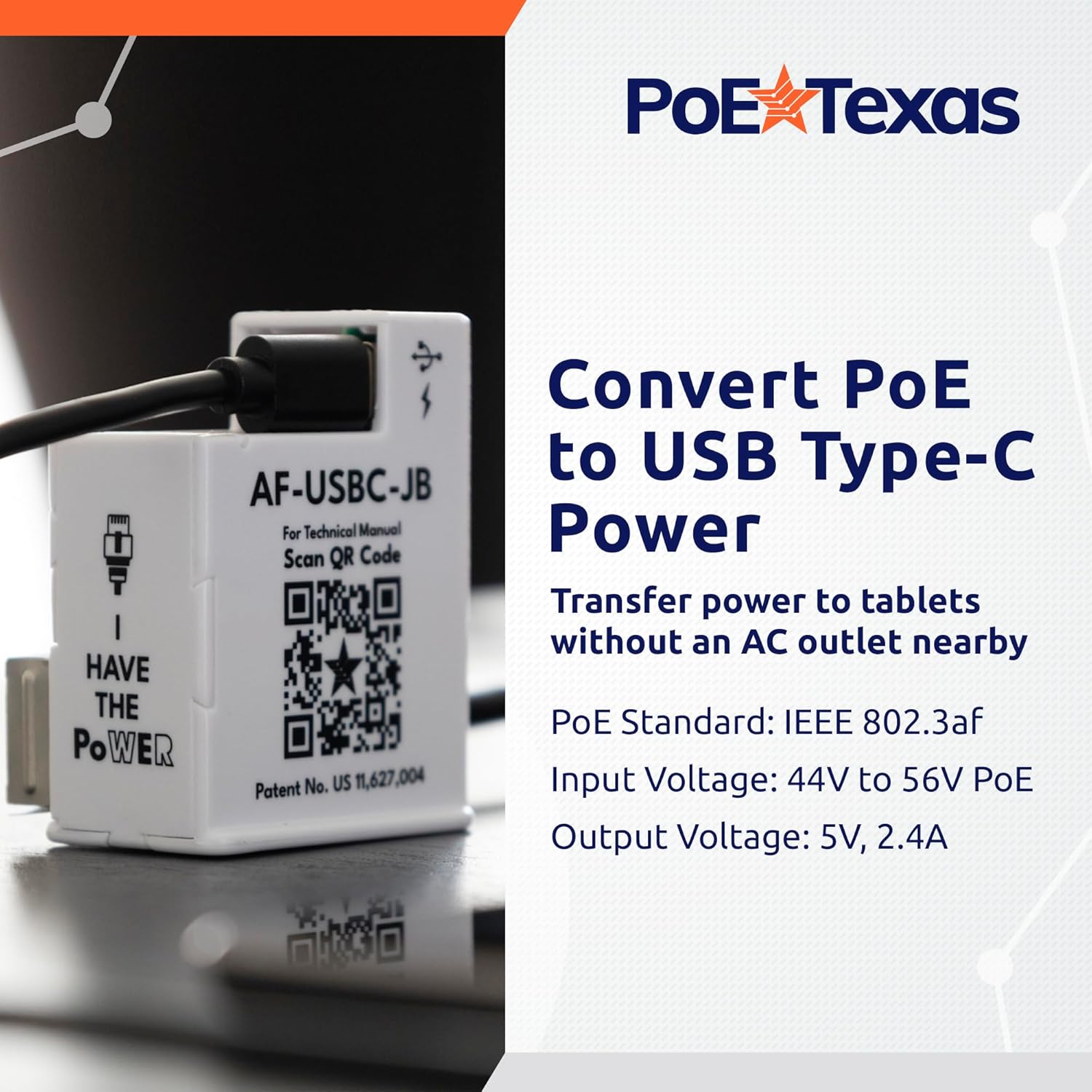 POE Texas Splitter POE to USB-C Power and Data Delivery with 15 Watt Output for iPad Air, Surface Go, Galaxy Tab and More - 10/100 Mbps