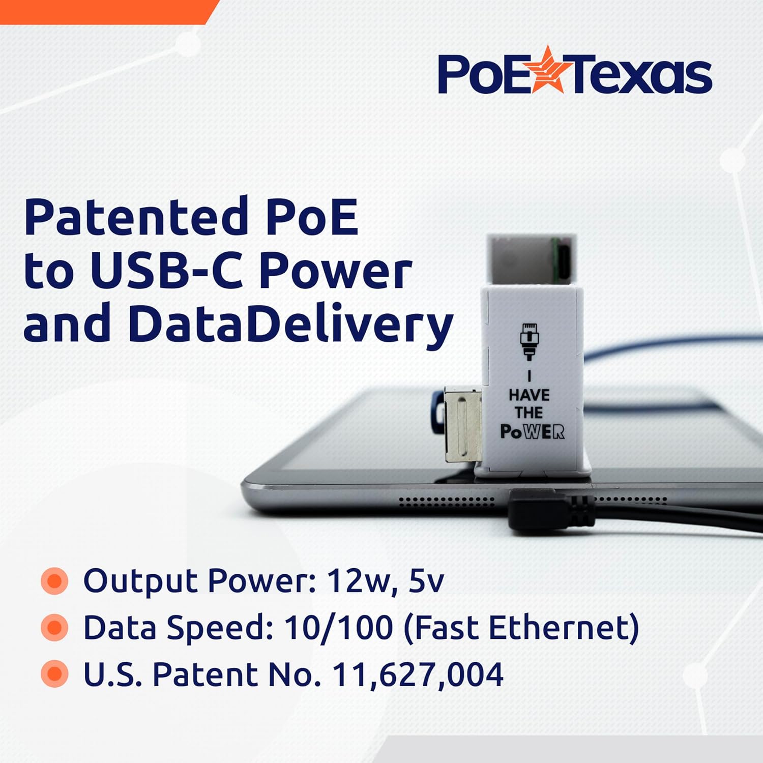 POE Texas Splitter POE to USB-C Power and Data Delivery with 15 Watt Output for iPad Air, Surface Go, Galaxy Tab and More - 10/100 Mbps with USB-C Cable Included
