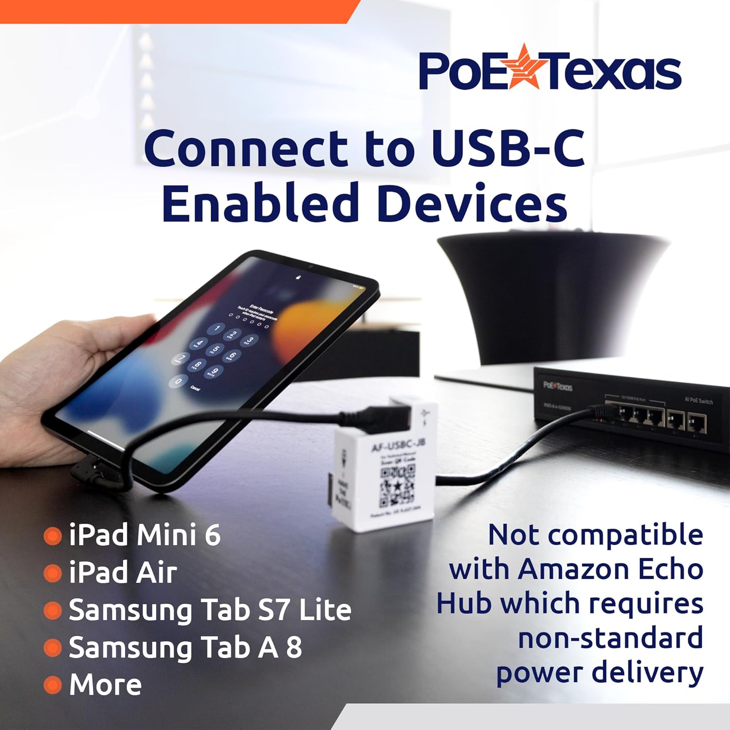 POE Texas Splitter POE to USB-C Power and Data Delivery with 15 Watt Output for iPad Air, Surface Go, Galaxy Tab and More - 10/100 Mbps with USB-C Cable Included