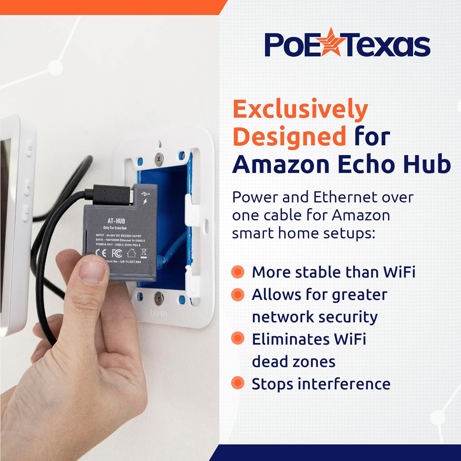 POE Texas Splitter POE+ to USB-C Power and Data Delivery with 25 Watt Output for Amazon Echo Hub 10/100 Mbps with USB-C Cable