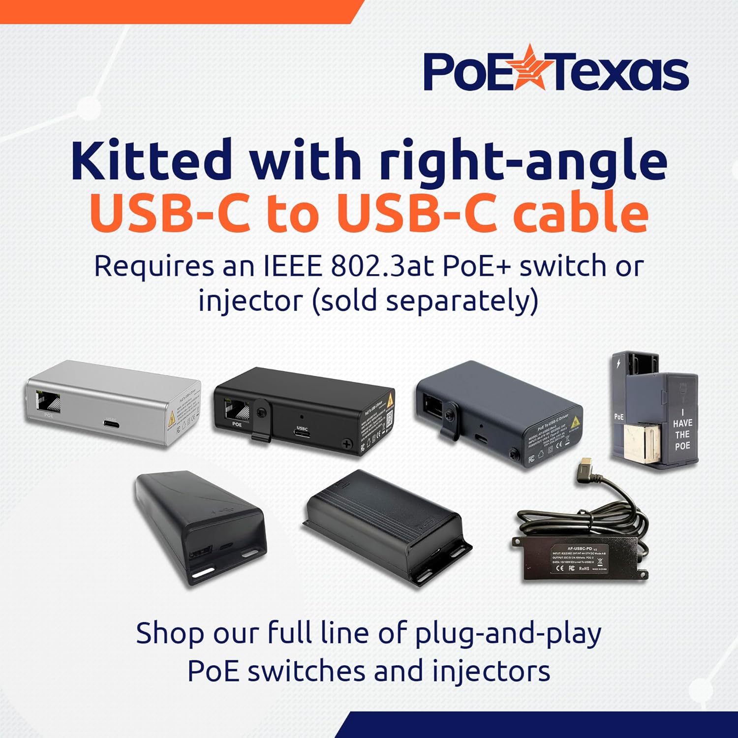 POE Texas Splitter POE+ to USB-C Power and Data Delivery with 25 Watt Output for Amazon Echo Hub 10/100 Mbps with USB-C Cable
