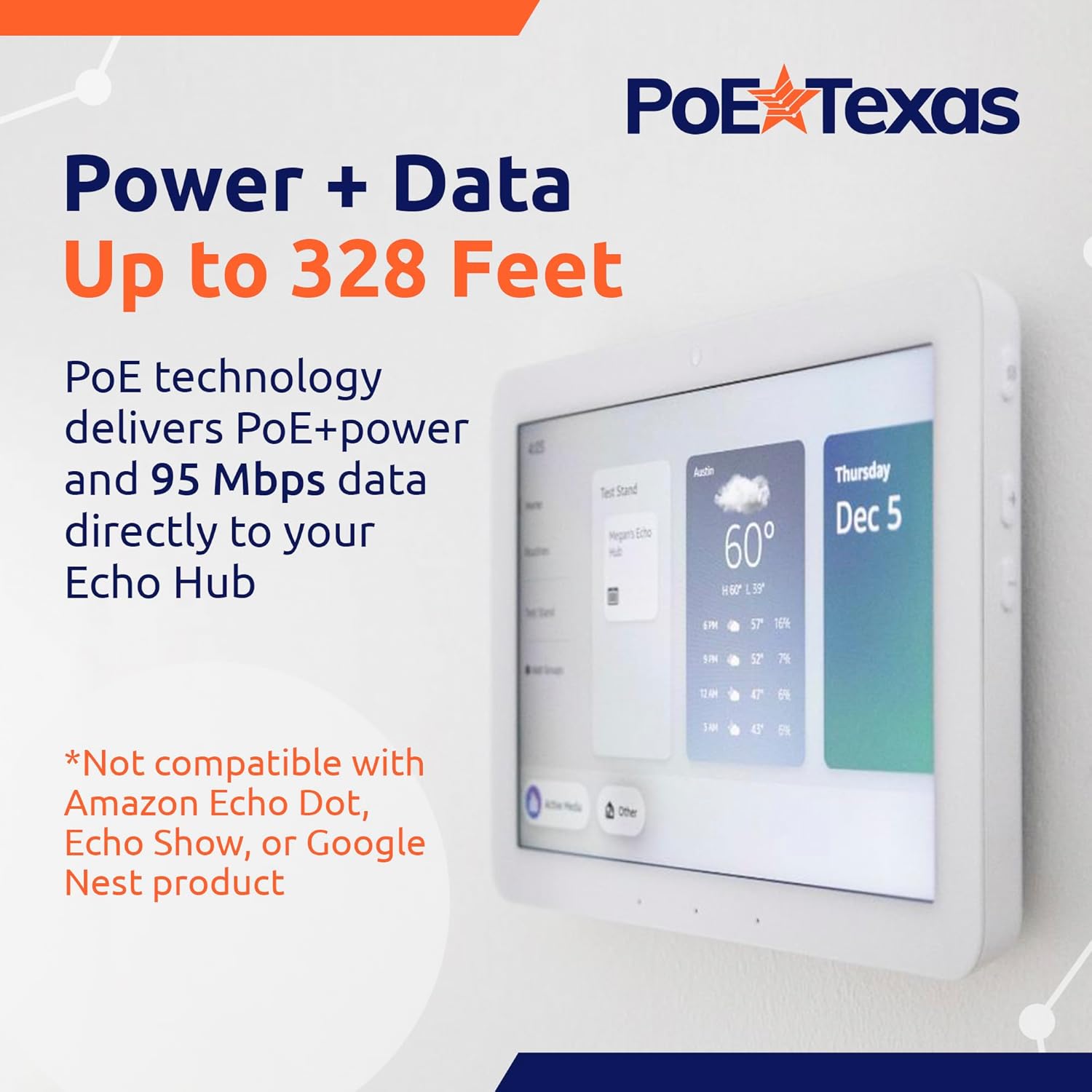 POE Texas Splitter POE+ to USB-C Power and Data Delivery with 25 Watt Output for Amazon Echo Hub 10/100 Mbps with USB-C Cable