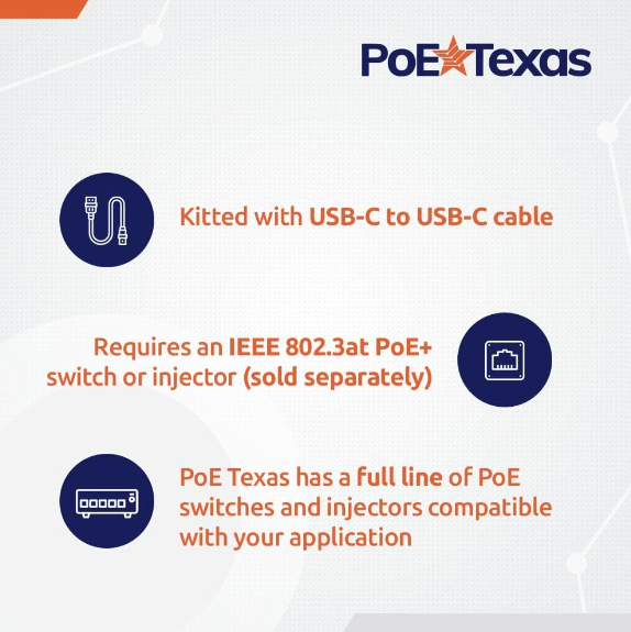 POE Texas Splitter POE+ to USB-C Power and Data Delivery with 25 Watt Output for iPad Pro, Surface Go, Galaxy Tab and More - 10/100 Mbps