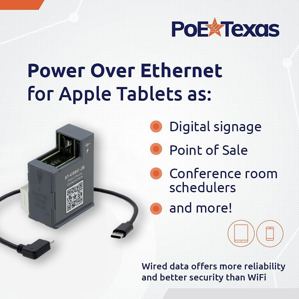 POE Texas Splitter POE+ to USB-C Power and Data Delivery with 25 Watt Output for iPad Pro, Surface Go, Galaxy Tab and More - 10/100 Mbps with Lightning Cable