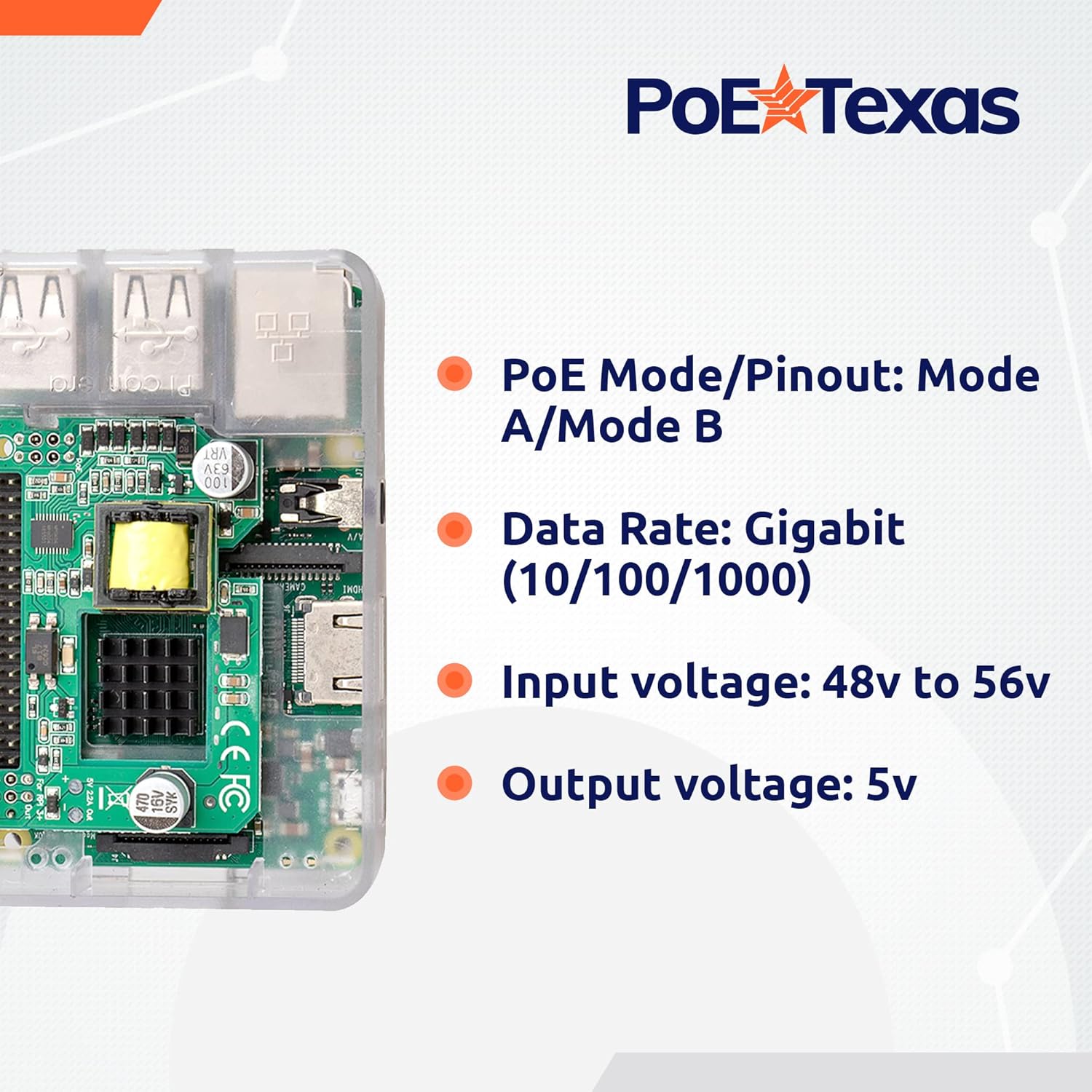 PoE Texas Splitter Power Over Ethernet (PoE) HAT for Raspberry Pi 3 B+ 4 and 802.3af PoE Network
