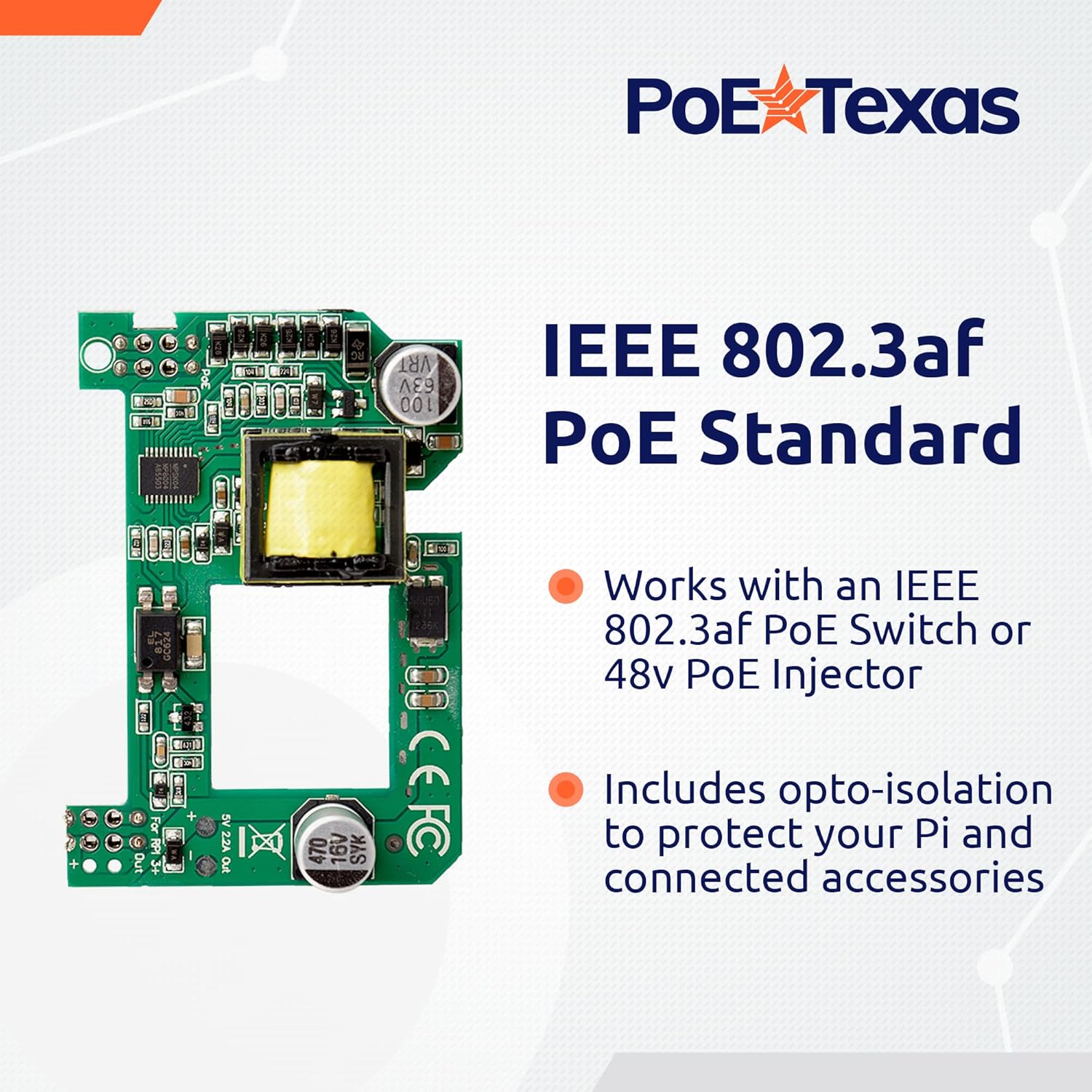 PoE Texas Splitter Power Over Ethernet (PoE) HAT for Raspberry Pi 3 B+ 4 and 802.3af PoE Network
