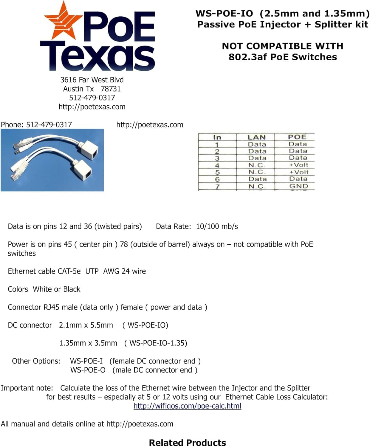 PoE Texas Splitter Single Inline 10/100 Mode B Splitter and Injector Kit - 1.35 mm DC Barrel