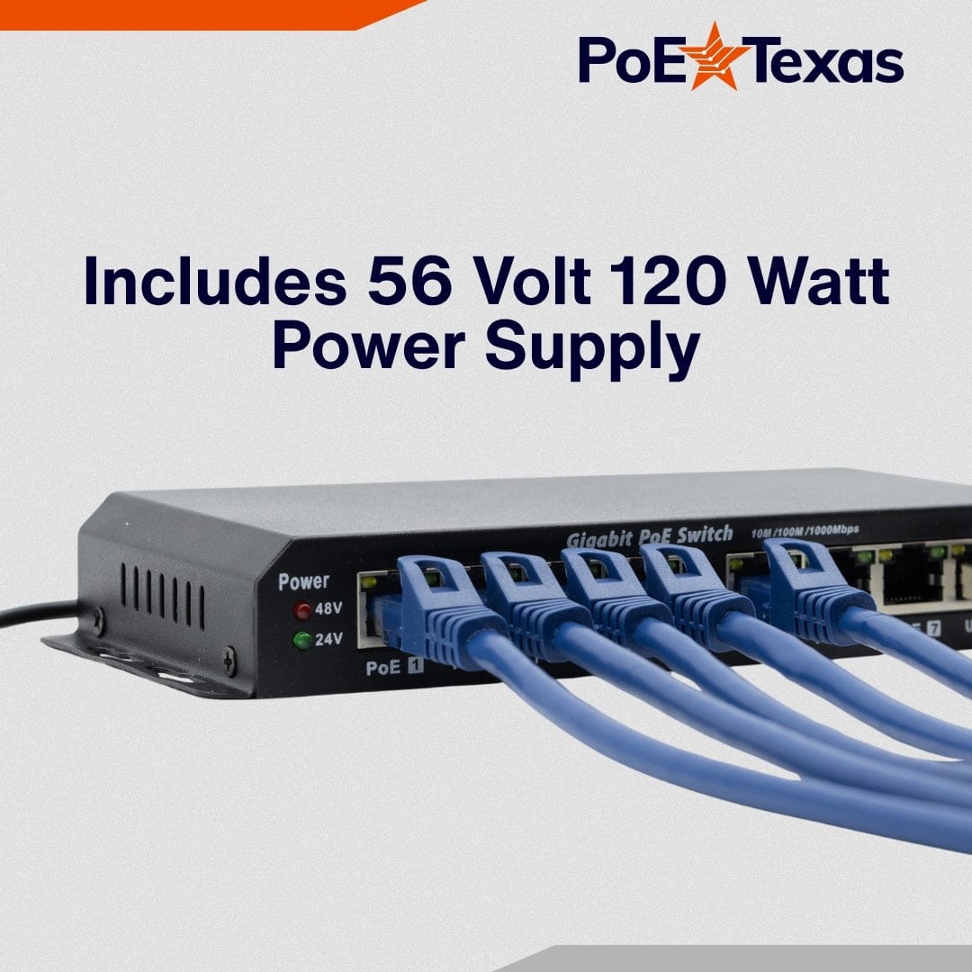 PoE Texas Switch 8 Port Gigabit PoE Switch with 56 Volt 120 Watt Power Supply