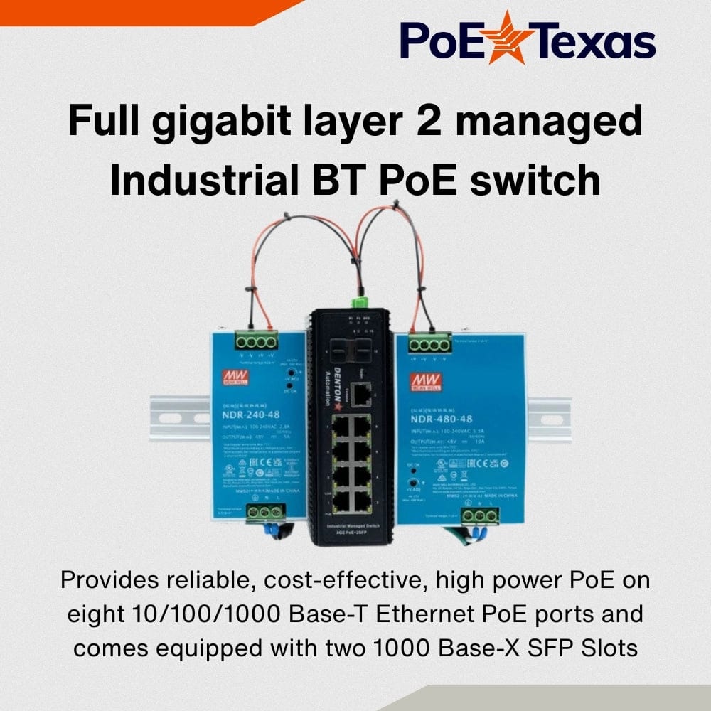 POE Texas Switch 8-Port Industrial Fanless Layer 2 Managed 802.3bt Switch with 56V 240W power supply for PoE Lighting & Automation