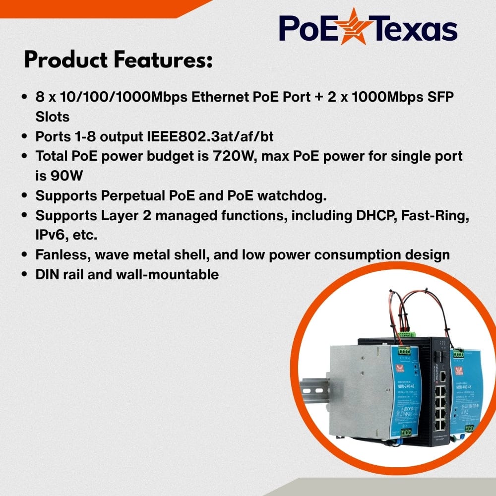POE Texas Switch 8-Port Industrial Fanless Layer 2 Managed 802.3bt Switch with 56V 240W power supply for PoE Lighting & Automation