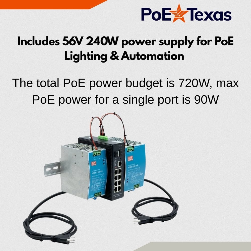 POE Texas Switch 8-Port Industrial Fanless Layer 2 Managed 802.3bt Switch with 56V 240W power supply for PoE Lighting & Automation