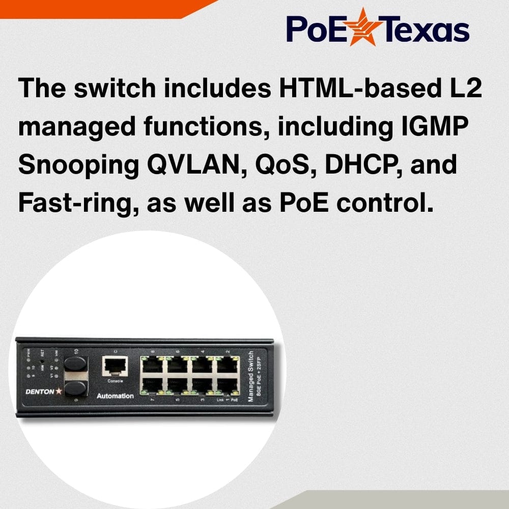 POE Texas Switch 8-Port Industrial Fanless Layer 2 Managed 802.3bt Switch with 56V 720W power supply for PoE Lighting & Automation