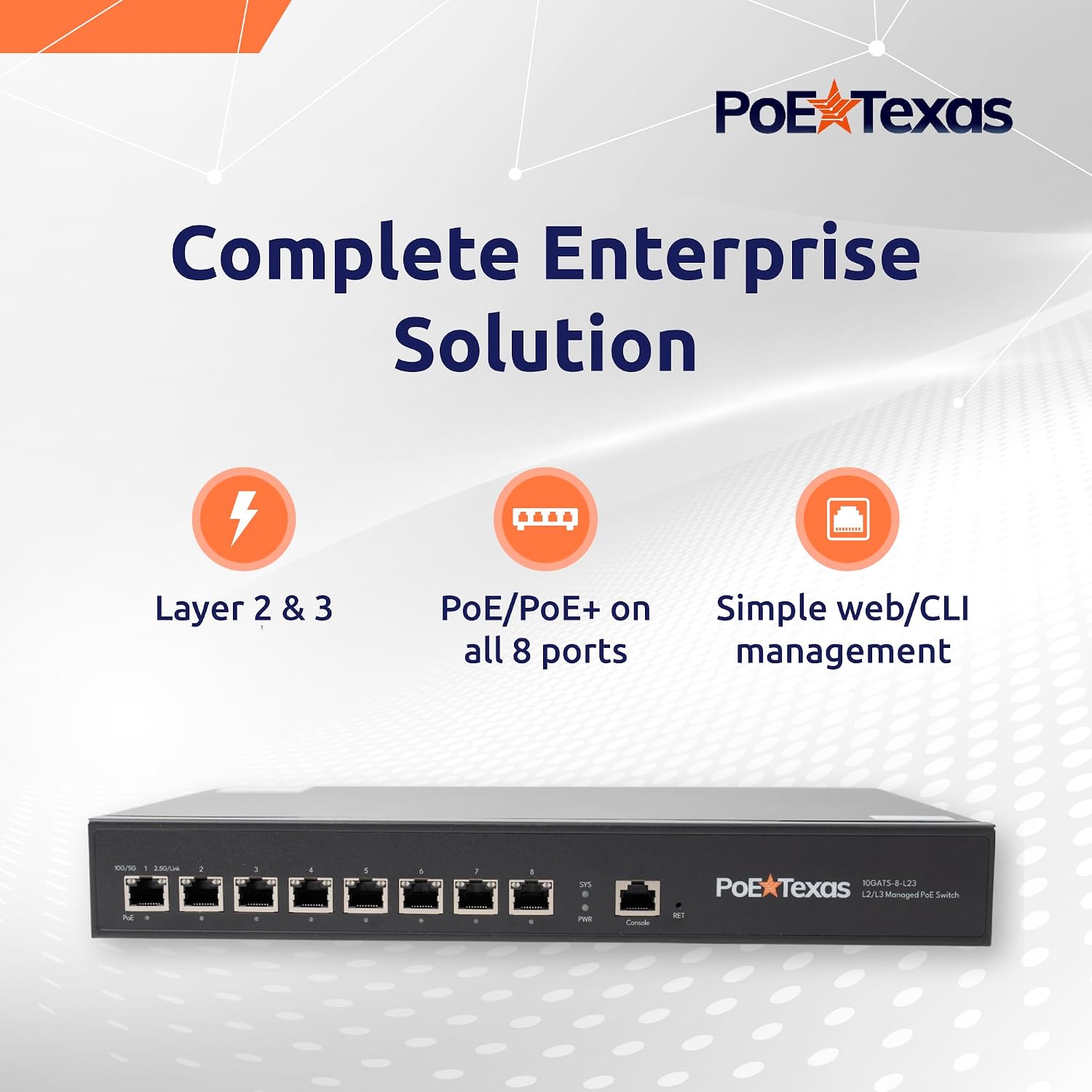 POE Texas Switch 8-Port Layer 2 and 3 10 Gigabit Managed PoE+ (IEEE 802.3at) Switch