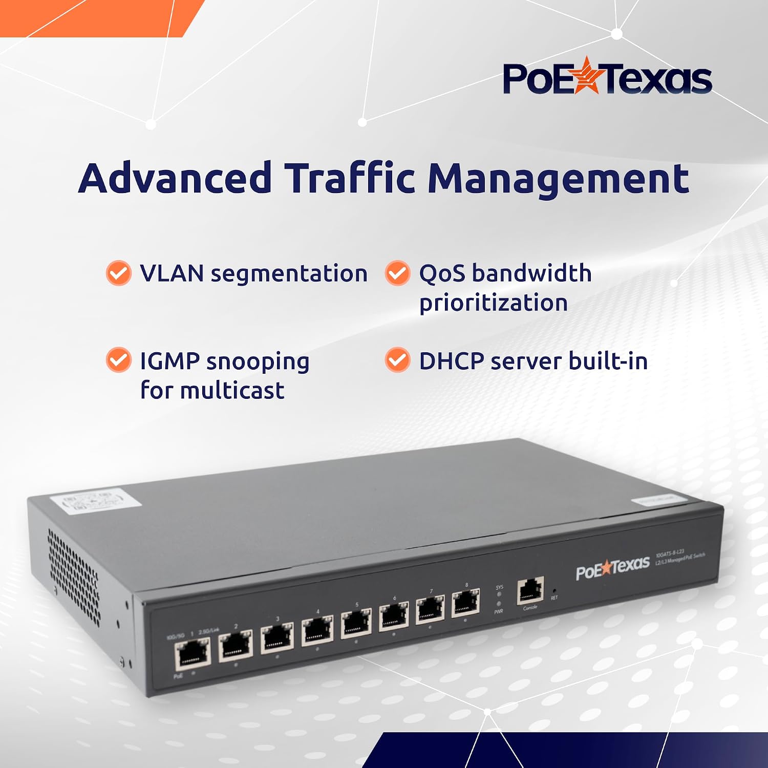 POE Texas Switch 8-Port Layer 2 and 3 10 Gigabit Managed PoE+ (IEEE 802.3at) Switch