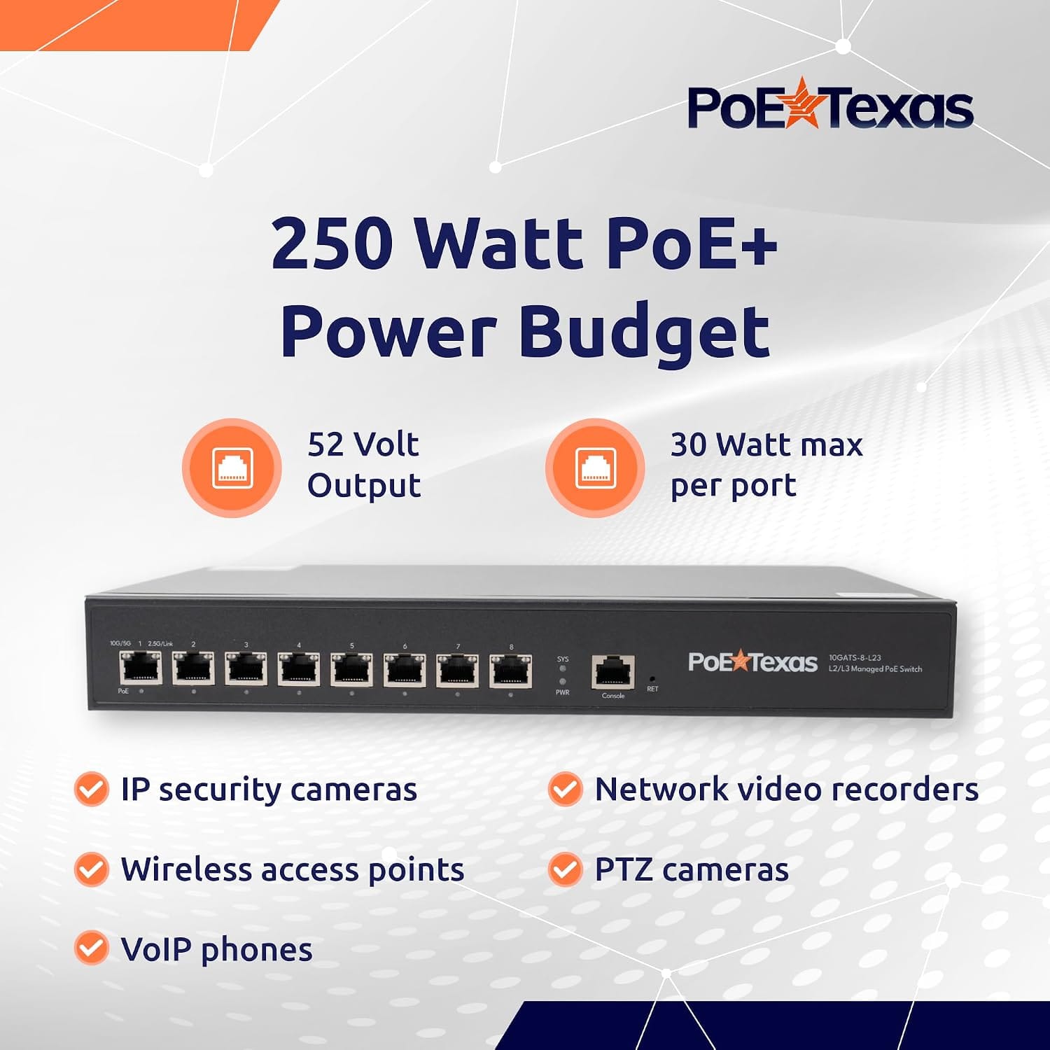 POE Texas Switch 8-Port Layer 2 and 3 10 Gigabit Managed PoE+ (IEEE 802.3at) Switch