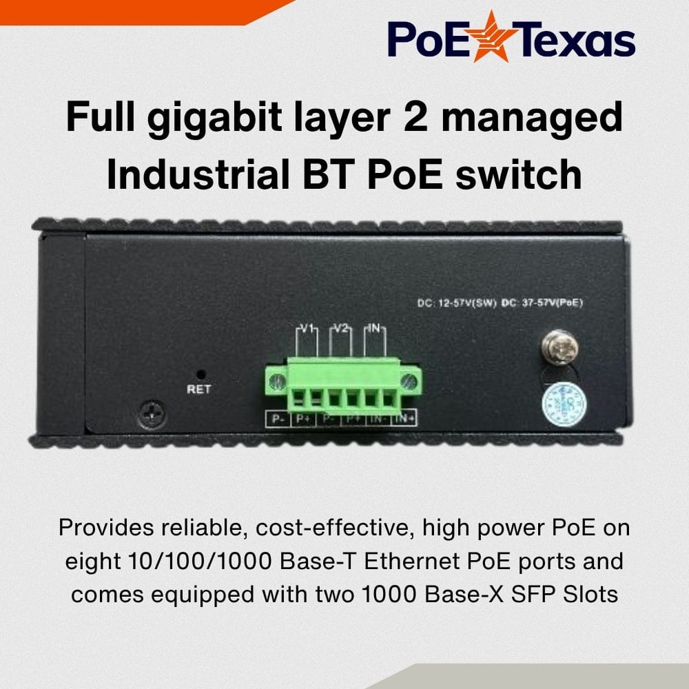 POE Texas Switch Industrial Fanless 8-Port Layer 2 Managed 802.3bt Switch for PoE Lighting & Automation