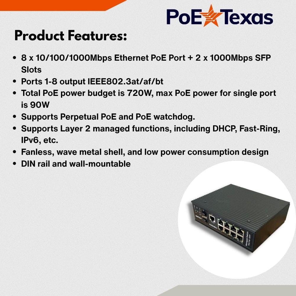 POE Texas Switch Industrial Fanless 8-Port Layer 2 Managed 802.3bt Switch for PoE Lighting & Automation