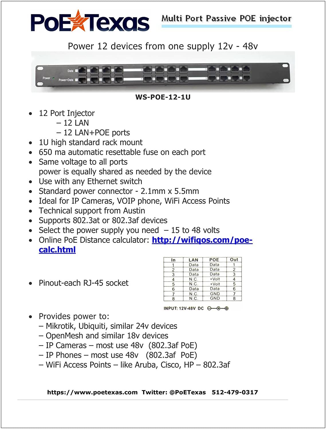 12-Port 10/100 Rack Mount PoE Injector with 48V 60W Power Supply — POE ...