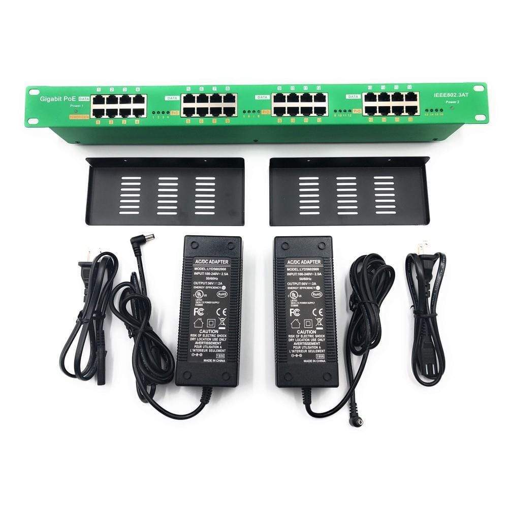 16 Port Gigabit 802.3at PoE Injector with Dual 56V 240W Power Supplies